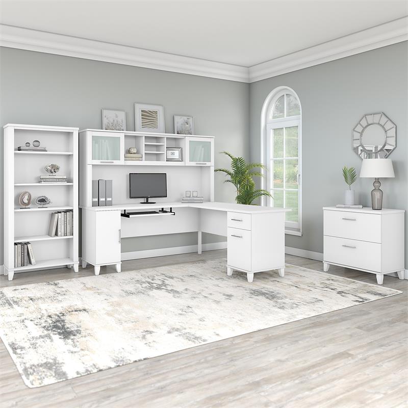 Somerset 72W L Shaped Desk Set with Hutch and Storage in White - Engineered Wood