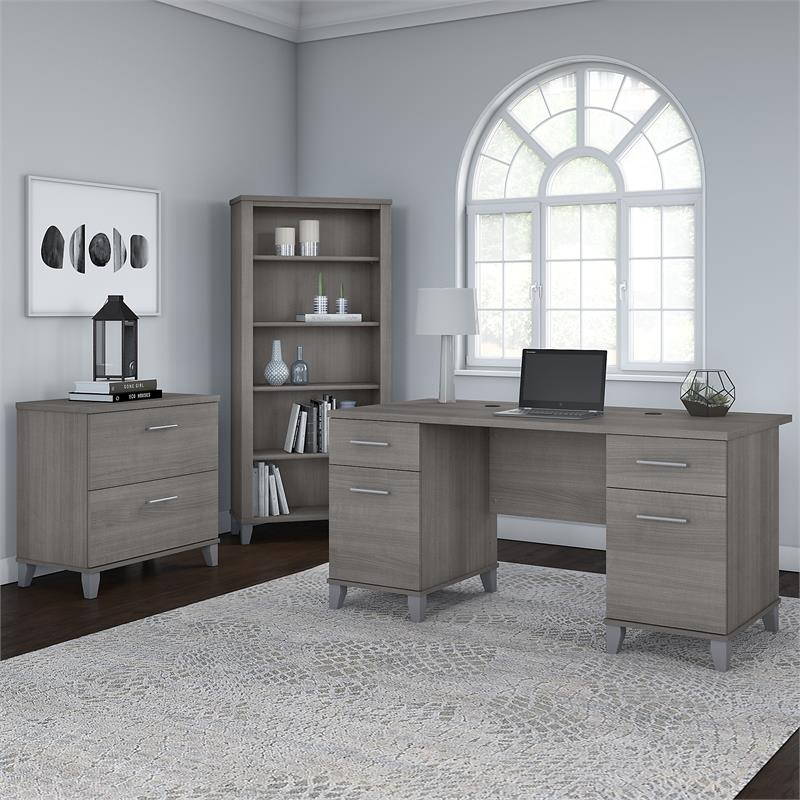 Somerset 60W Office Desk with File Cabinet & Bookcase in Gray - Engineered Wood