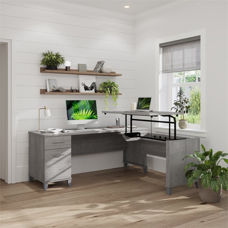 Somerset 72W 3 Position Sit to Stand L Desk in Platinum Gray - Engineered Wood