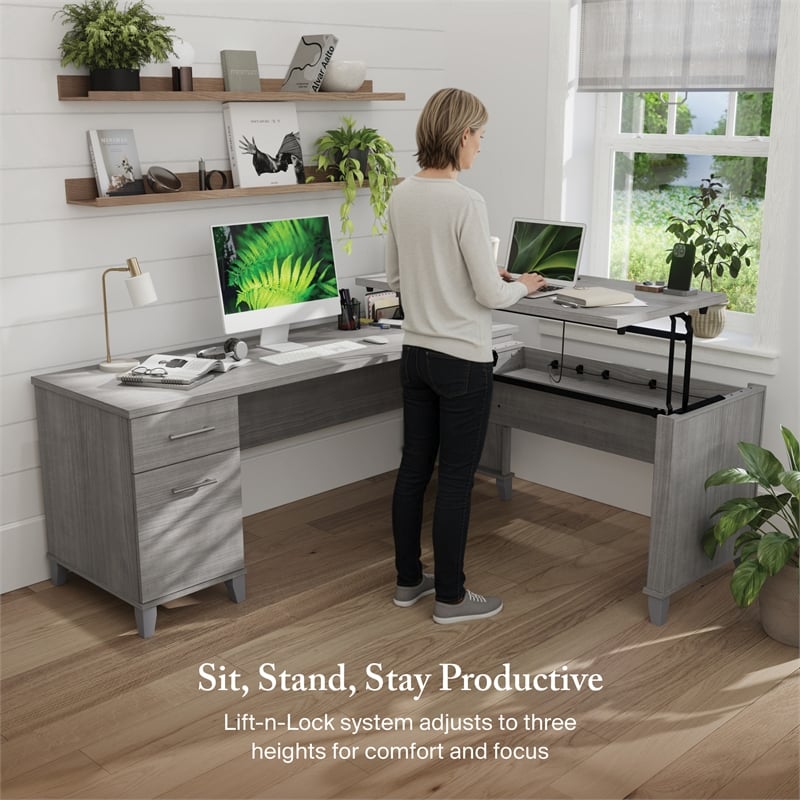 Somerset 72W 3 Position Sit to Stand L Desk in Platinum Gray - Engineered Wood