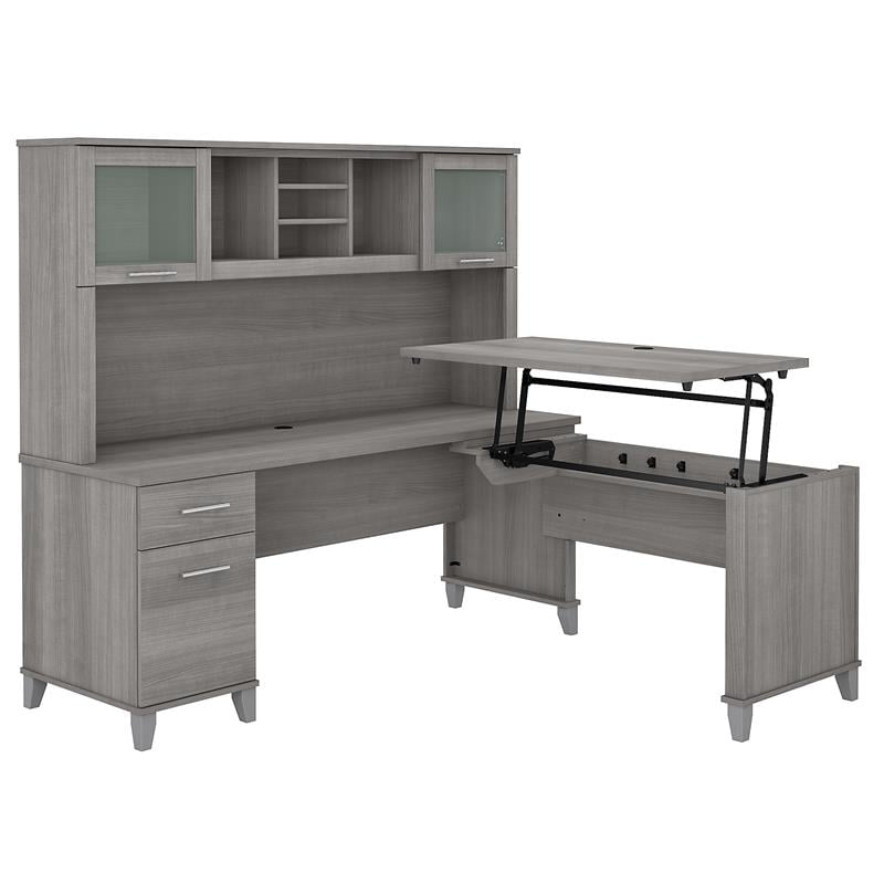Somerset 72W Sit to Stand L Desk with Hutch in Platinum Gray - Engineered Wood