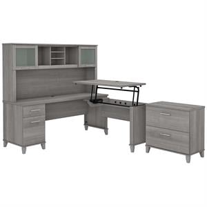 Somerset Sit-Stand L Desk with Hutch and File Cabinet in Gray - Engineered Wood