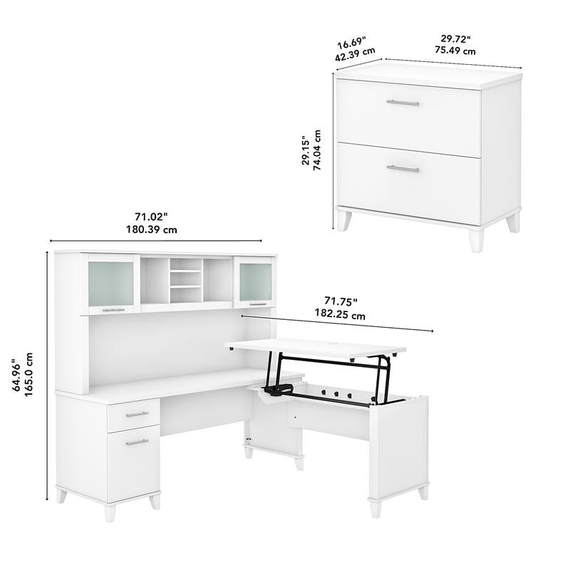 Somerset Sit-Stand L Desk with Hutch and File Cabinet in White - Engineered Wood