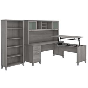 Somerset Sit to Stand L Desk with Hutch and Bookcase in Gray - Engineered Wood