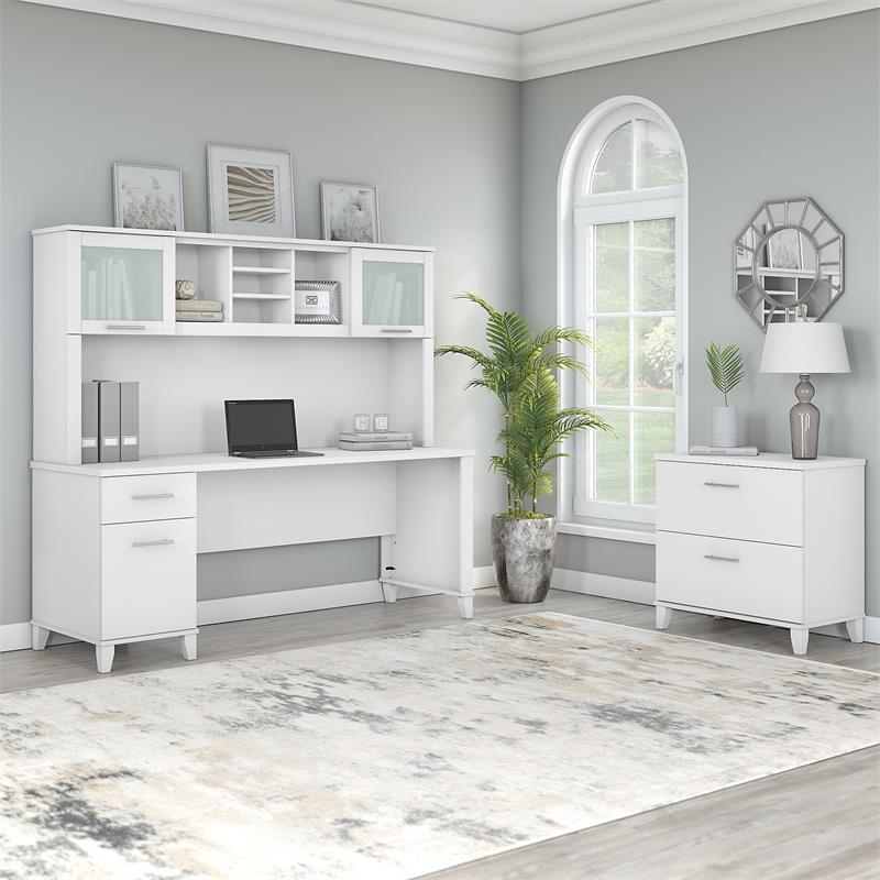 Somerset 72W Office Desk with Hutch and File Cabinet in White - Engineered Wood