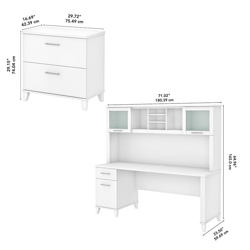 Somerset 72W Office Desk with Hutch and File Cabinet in White - Engineered Wood