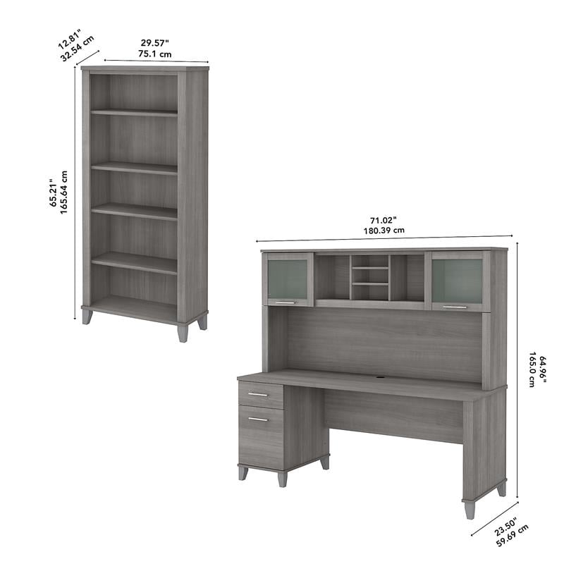 Somerset 72W Desk with Hutch and Bookcase in Platinum Gray - Engineered Wood