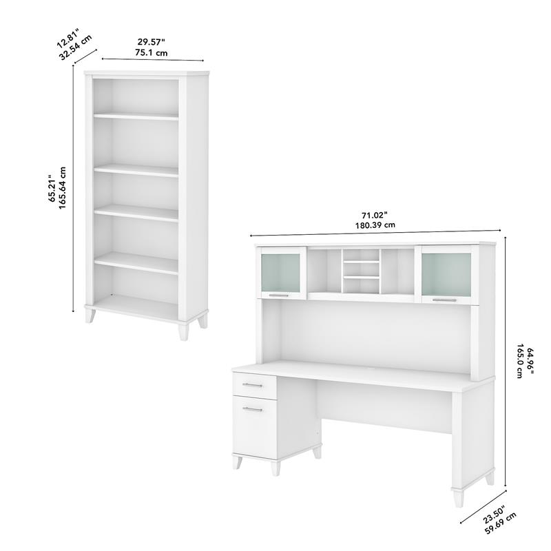 Somerset 72W Desk with Hutch and Bookcase in White - Engineered Wood