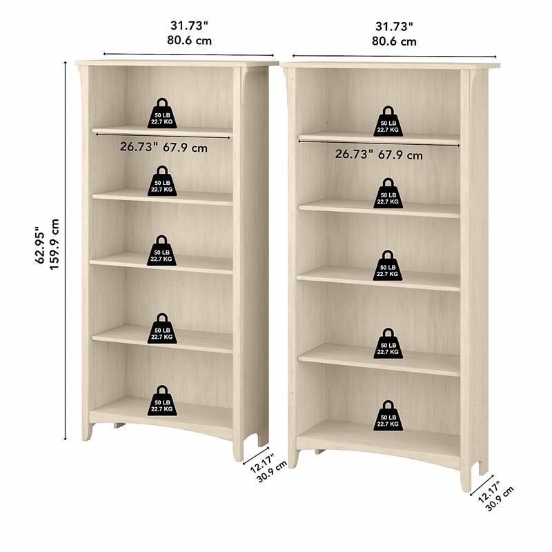 Salinas Tall 5 Shelf Bookcase - Set of 2 in Antique White - Engineered Wood