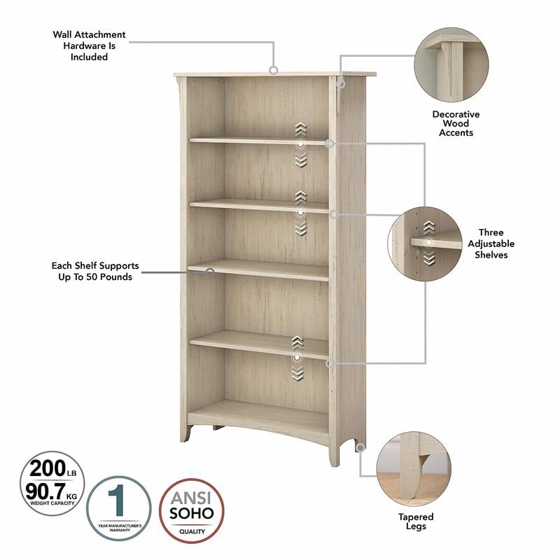 Salinas Tall 5 Shelf Bookcase - Set of 2 in Antique White - Engineered Wood