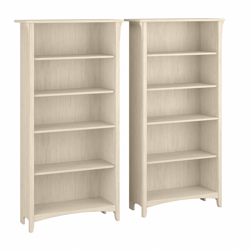 Salinas Tall 5 Shelf Bookcase Set of 2 in Antique White Engineered