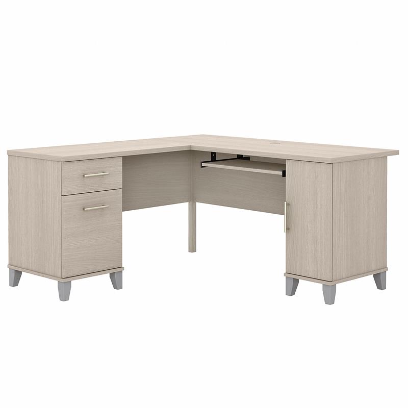 Somerset 60W L Shaped Desk with Storage in Sand Oak - Engineered Wood