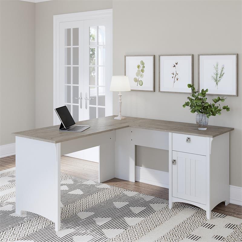 Salinas 60W L Shaped Desk with Storage in White/Shiplap Gray - Engineered Wood