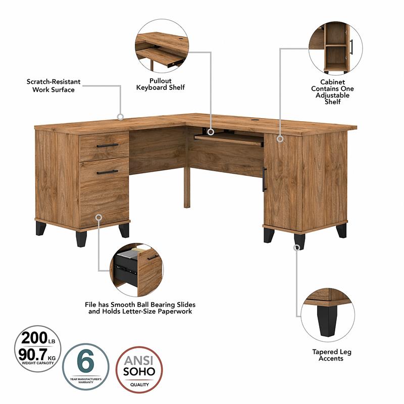 Somerset 60W L Desk with Hutch and Bookcase in Fresh Walnut - Engineered Wood