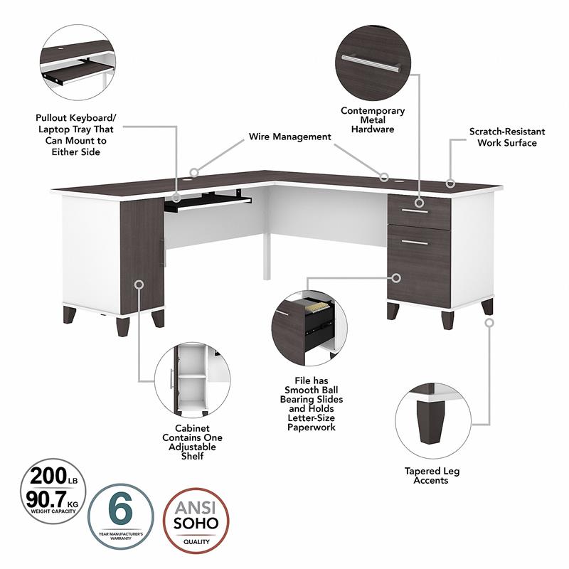 Somerset 72W L Desk with Hutch and Storage in White/Gray - Engineered Wood