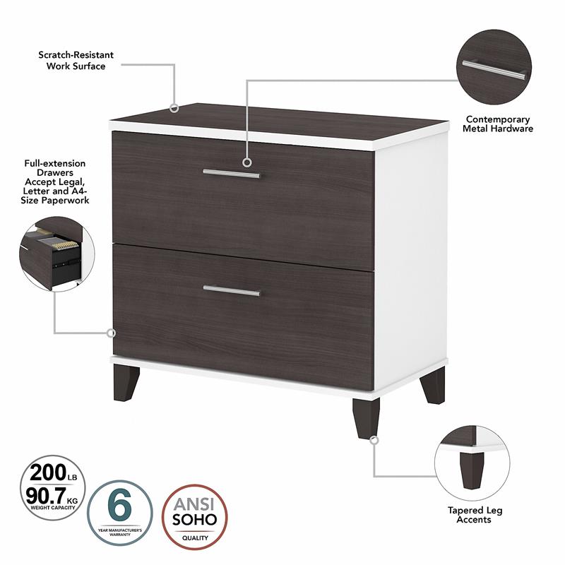 Somerset 72W L Desk with Hutch and Storage in White/Gray - Engineered Wood