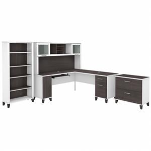 Somerset 72W L Desk with Hutch and Storage in White/Gray - Engineered Wood