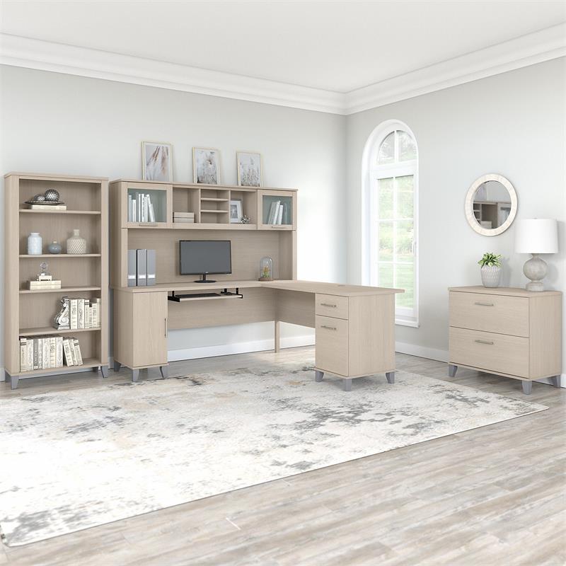 Somerset 72W L Desk with Hutch and Storage in Sand Oak - Engineered Wood