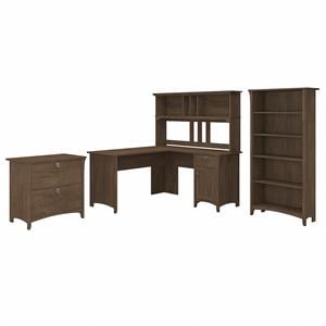 Salinas L Shaped Desk with Hutch and Storage in Ash Brown - Engineered Wood