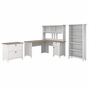 Salinas L Shaped Desk with Hutch and Storage in White/Shiplap - Engineered Wood