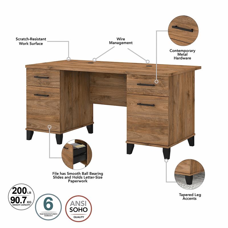 Somerset 60W Desk with File Cabinet & Bookcase in Fresh Walnut - Engineered Wood