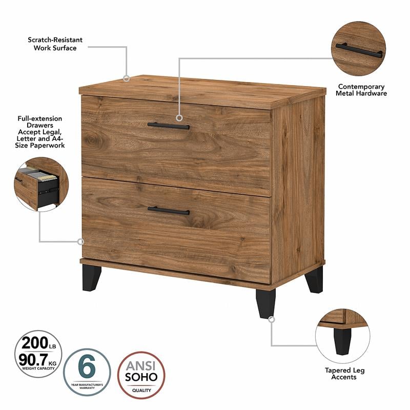 Somerset 60W Desk with File Cabinet & Bookcase in Fresh Walnut - Engineered Wood