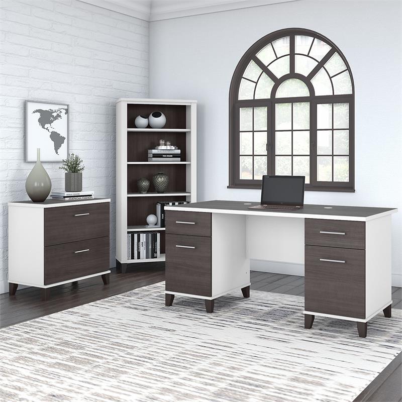 Somerset 60W Desk with File Cabinet & Bookcase in White/Gray - Engineered Wood
