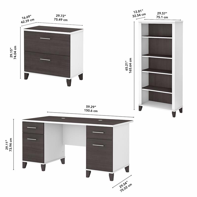 Somerset 60W Desk with File Cabinet & Bookcase in White/Gray - Engineered Wood