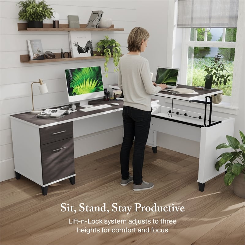 Somerset 72W 3 Position Sit Stand L Desk in White/Storm Gray - Engineered Wood