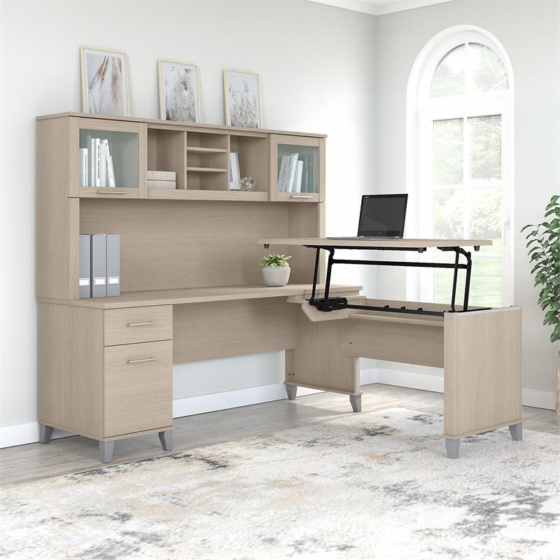 Somerset 72W Sit to Stand L Desk with Hutch in Sand Oak - Engineered Wood