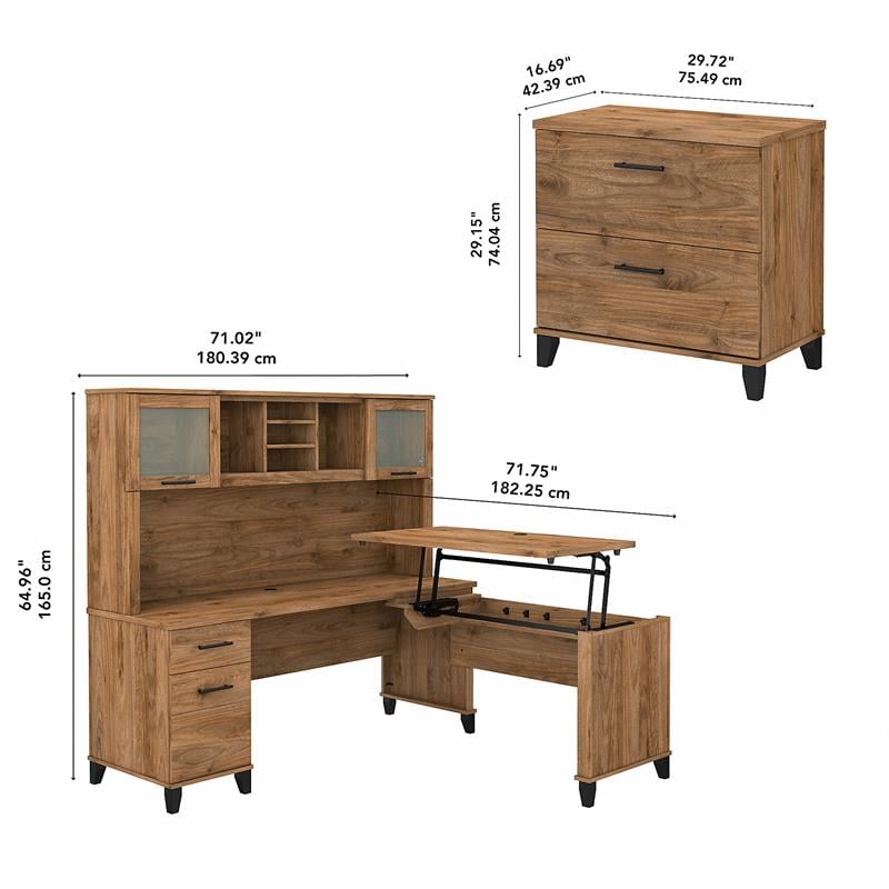 Somerset Sit-Stand L Desk Set with File Cabinet in Walnut - Engineered Wood