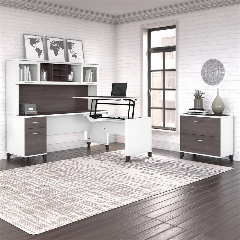 Somerset Sit-Stand L Desk Set with File Cabinet in White/Gray - Engineered Wood