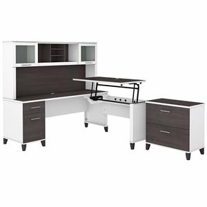Somerset Sit-Stand L Desk Set with File Cabinet in White/Gray - Engineered Wood