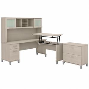 Somerset Sit-Stand L Desk Set with File Cabinet in Sand Oak - Engineered Wood