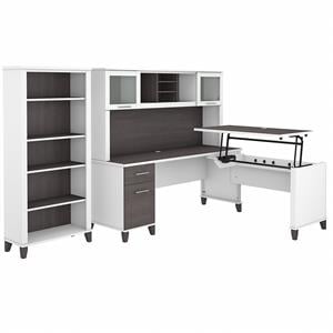 Somerset Sit to Stand L Desk Set with Bookcase in White/Gray - Engineered Wood