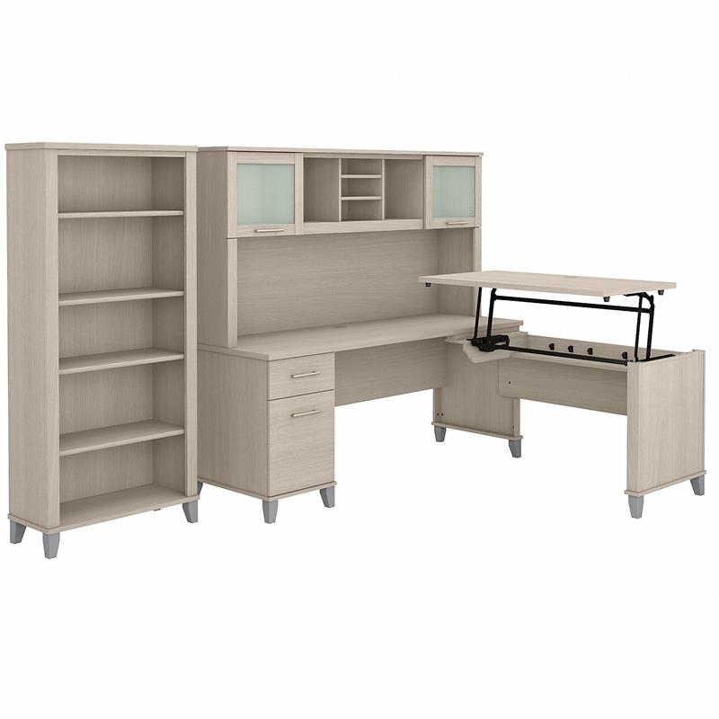 Somerset Sit to Stand L Desk Set with Bookcase in Sand Oak Engineered
