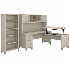 Somerset Sit to Stand L Desk Set with Bookcase in Sand Oak - Engineered Wood