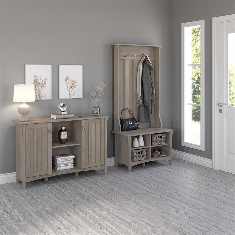 Salinas Hall Tree with Shoe Bench & Cabinet in Driftwood Gray - Engineered Wood