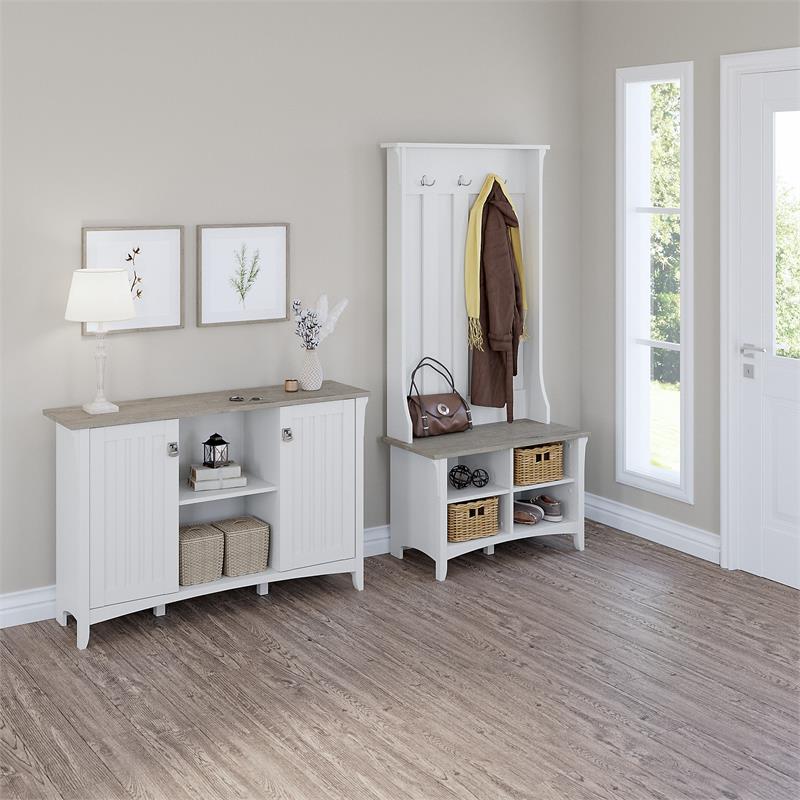 Bush Furniture Key West Entryway Storage Set with Hall Tree, Shoe Bench and Console Table Pure White Oak