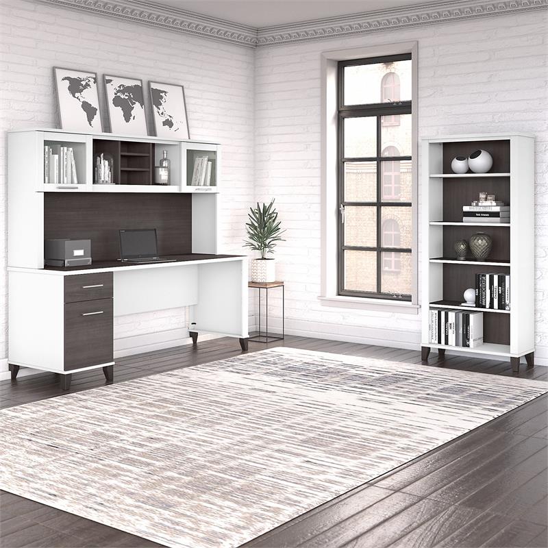 Somerset 72W Desk with Hutch and Bookcase in White/Gray - Engineered Wood