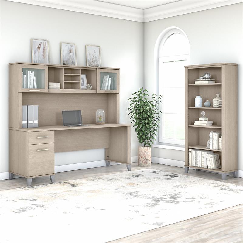 Somerset 72W Desk with Hutch and Bookcase in Sand Oak - Engineered Wood