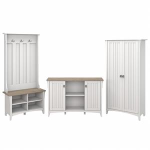 Salinas Hall Tree with Shoe Bench & Cabinets in White/Shiplap - Engineered Wood