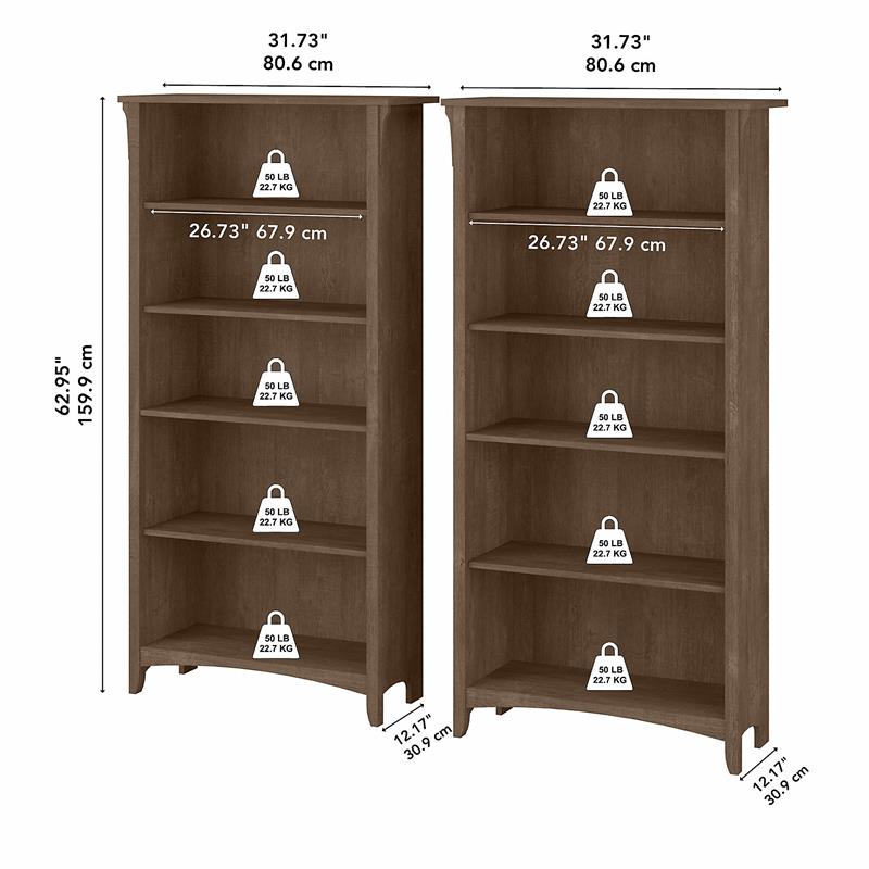 Salinas Tall 5 Shelf Bookcase Set of 2 in Ash Brown - Engineered Wood