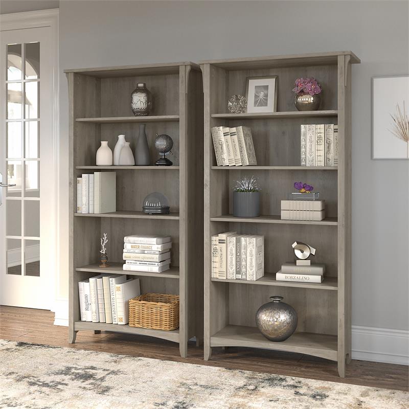 Salinas Tall 5 Shelf Bookcase Set of 2 in Driftwood Gray Engineered