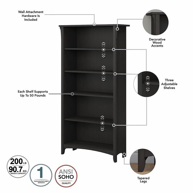 Salinas Tall 5 Shelf Bookcase Set of 2 in Vintage Black - Engineered Wood