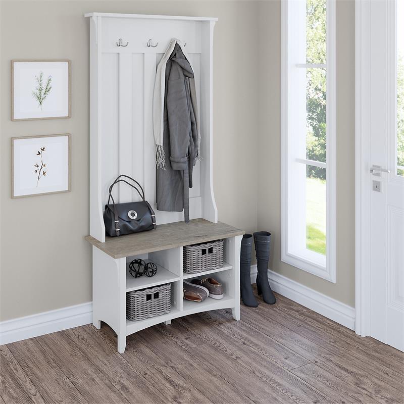 Bush Furniture Salinas Hall Tree with Shoe Storage Bench in White/Shiplap