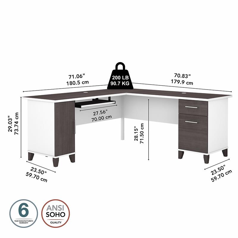 Somerset 72W L Shaped Desk with Storage in White & Storm Gray - Engineered Wood