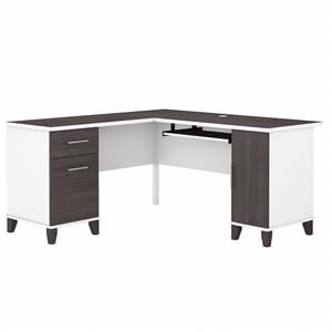 Somerset 60W L Shaped Desk with Storage in White & Storm Gray - Engineered Wood