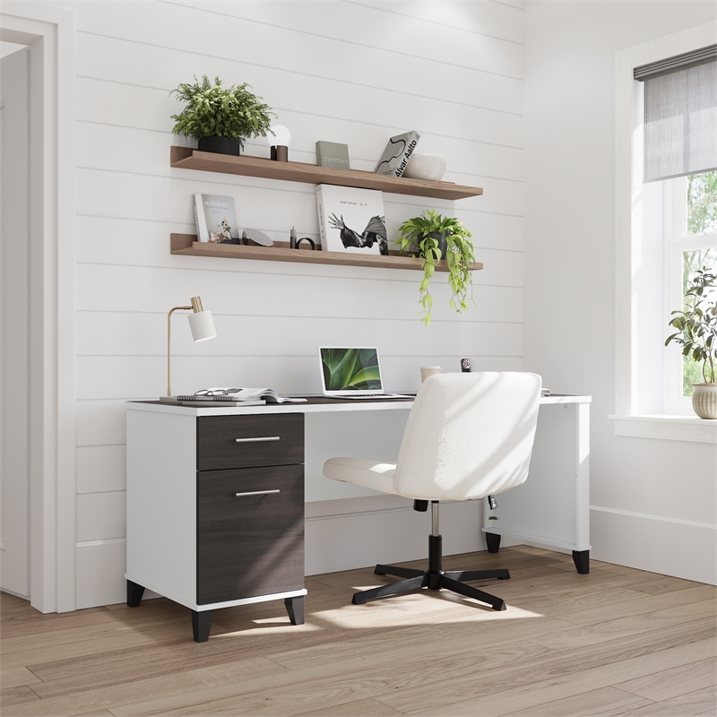 Somerset 72W Office Desk with Drawers in White and Storm Gray - Engineered Wood