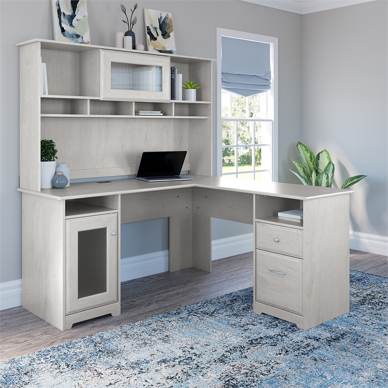 Cabot 60W L Shaped Computer Desk with Hutch in Linen White Oak